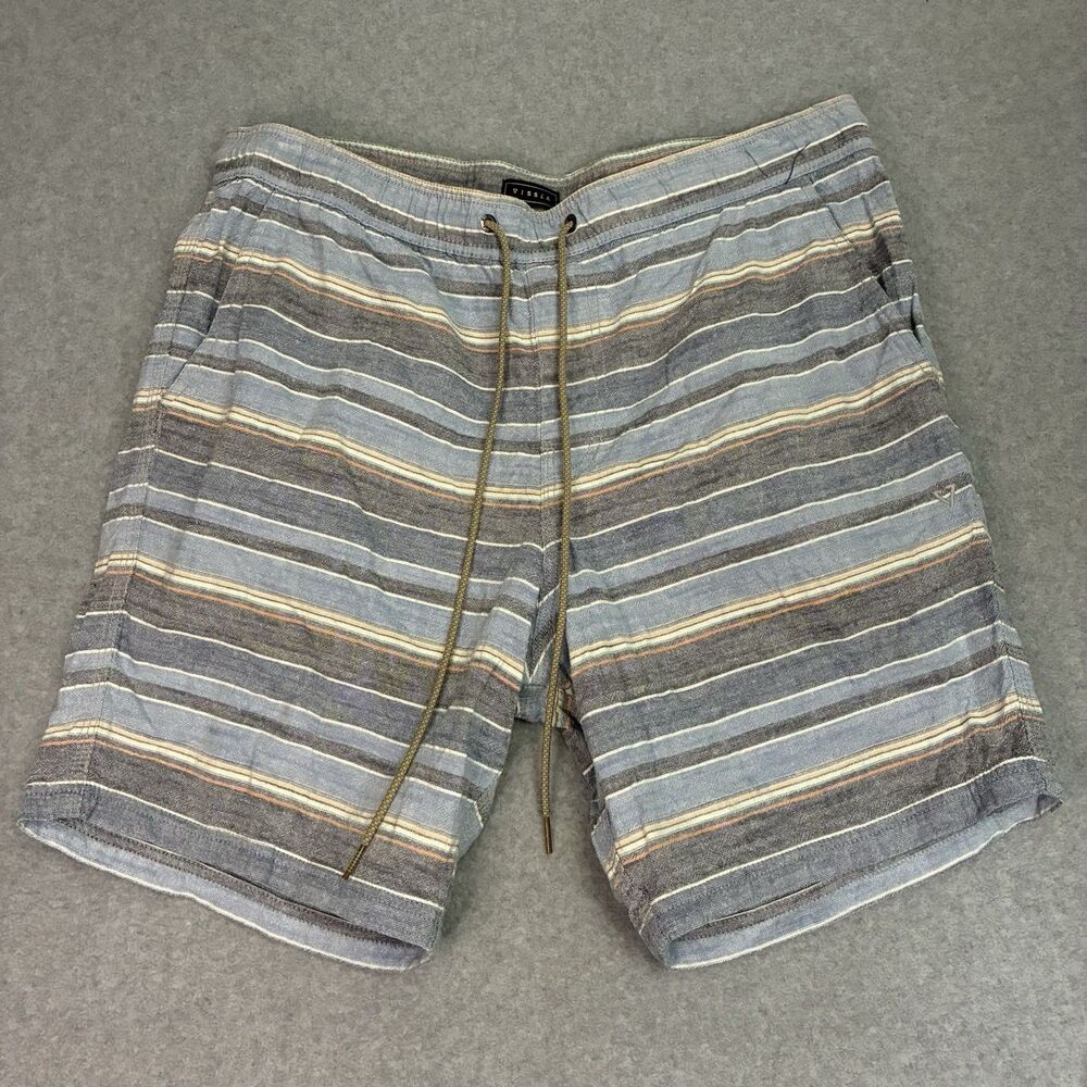 Vissla Men’s XL Blue Striped Elastic Waist Board Shorts Swim Trunks Cotton